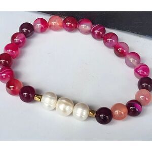 Pink Magenta Striped Agate Anxiety Calming Bracelet with Pearls 8"